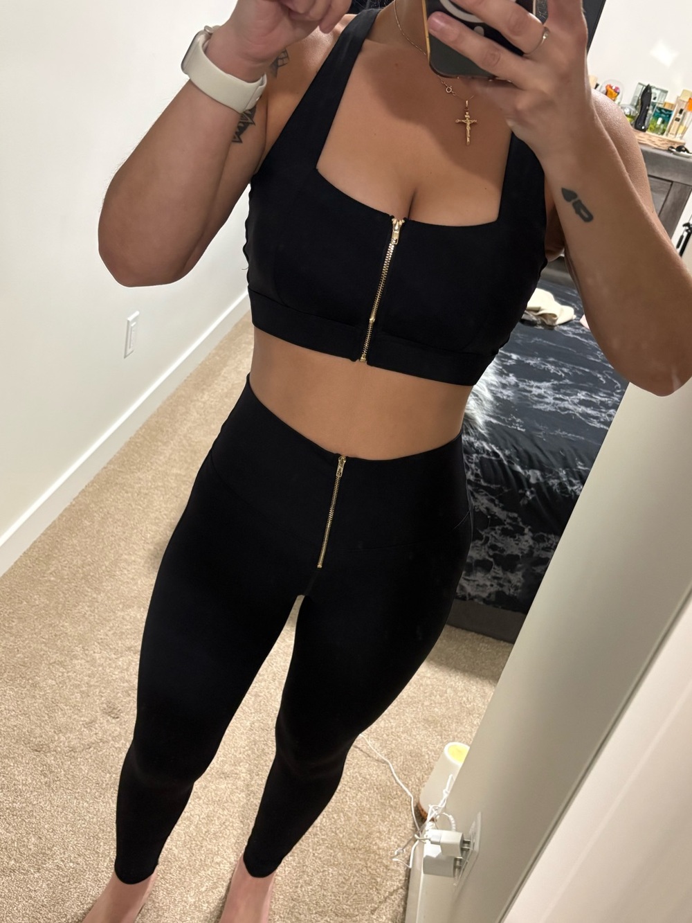 High-Waist Black Leggings and Sports Bra Top with Gold Front Zip
